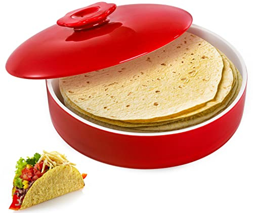 Lyellfe Ceramic Tortilla Warmer with Lid, 8.5 Inch Tortilla Server Holder Container, Hold up to 12 Tortillas,Red Taco Warmer for Taco Tuesday Night, Mexican Party, Microwave and Oven Safe