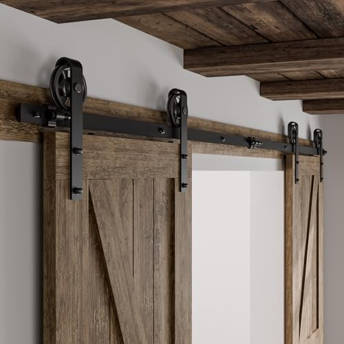Rail Porte Coulissante Double 274cm Kit Roulette Suspendue Systeme Noir pour 2 Porte Coulissante Interieur 68cm Large, Milieu Roue J-forme