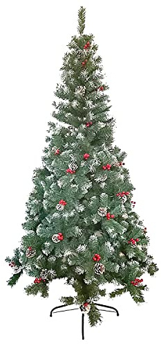 TIENDA EURASIA - Arbol de Navidad Nevado con Adornos de Muerdago y Piñas, Decoracion Navideña Original con Arbol de Navidad Verde con Nieve, Muerdago y Piñas, Arbol de Plastico (180 cm)
