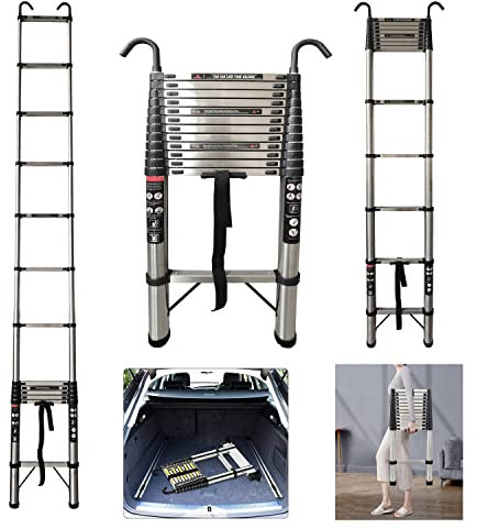 Escalera Acero Inoxidable Doméstica, Telescópica 5m, Escaleras Ático Plegables, 12 Peldaños Escalera Extensible - Antideslizante, Escalera con 2 Desmontar Ganchos