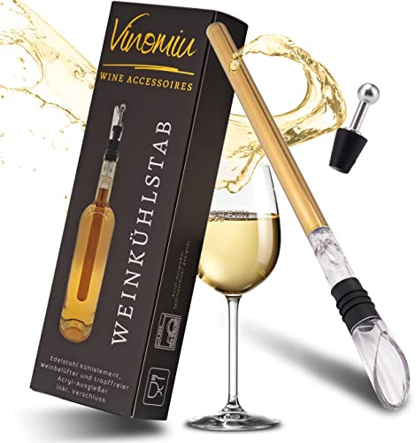 Vinomiu Weinkühlstab Gold 3-er Set Edelstahl Weinkühler | inkl. Ausgießer und Verschluss, Flaschenkühler Geschenk Set für Weinliebhaber, Weinzubehör für Weißwein, Rotwein & Sekt