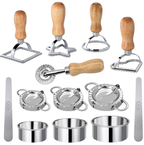 [14 Pieces Upgraded] Ravioli Pasta Cutter Wheel Set, Ravioli Maker Cutter with Roller Wheel with Wooden Handle, Pasta Press Wheel Pasta Tools For Pasta Making Dumplings, Pierogi (14-Pcs Set)