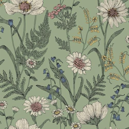 Wild Meadow Sage Green Wallpaper - Floral Flowers Petals Naturistic Blossom Feature Wall - Classic Vintage Paste The Wall