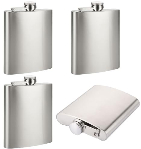 MUXHEL 4 Stück 7oz / 200ml Flachmann aus Edelstahl, Silber Flask Hüftflasche, Auslaufsicher Edelstahl Whiskeyflasche für Schnaps Alkohol