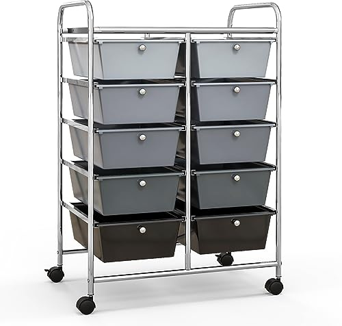 GIANTEX Rollwagen mit 10 Schubladen stapelbar, Schubladenwagen Badrollwagen Küchenwagen mit feststellbaren Rollen, Aufbewahrungswagen Haushaltswagen für Küche Bad Büro 65,5x37x87cm Hellgrau+Schwarz