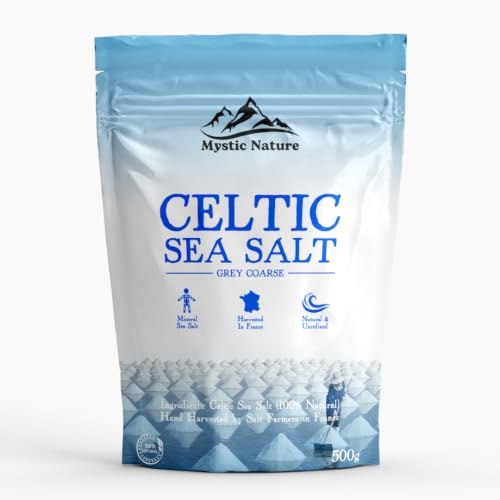 Mystic Nature Sal marina celta - 500 g | Sal celta 100 % natural sin refinar | cosechada a mano mediante prácticas sostenibles y respetuosas con el medio ambiente | Contiene 82+ minerales | Marca