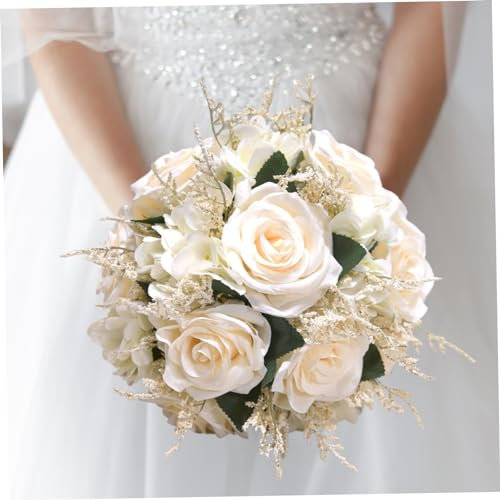 NIDONE Mazzi da sposa per sposi, mazzi da sposa per sposi, mazzi da sposa bianchi da 9,1 pollici per la sposa, bouquet rosa artificiale, bouquet di fiori con nastro di seta per cerimonia di Valentino