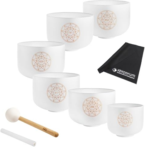 Sonic Energy Meinl SOLCSBSET Solfeggio Crystal Singing Bowl 6-Piece Set + Beater / Grater / 6 Silicone Rings + Keepdrum Microfibre Cloth
