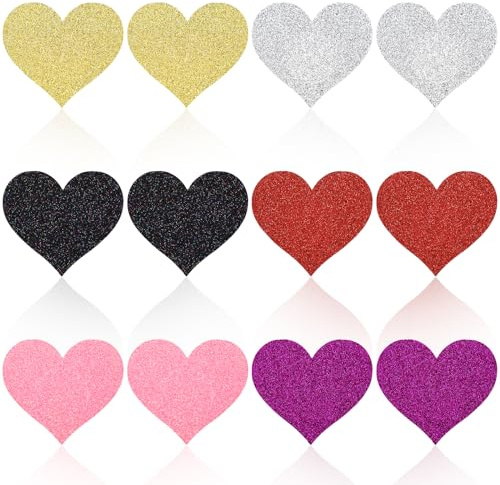 Sibba Lot de 6 Cache-Tétons Adhésifs en Forme de Cœur avec Paillettes pour Soutien-Gorge Rembourrage Invisible pour Festivals Raves Fêtes Multicolore
