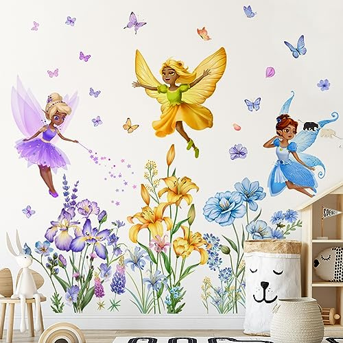 Runtoo Wandtattoo Blumenfee Wandsticker Groß Schwarz Märchen Schmetterling Wandaufkleber Kinderzimmer Babyzimmer Mädchen Wanddeko