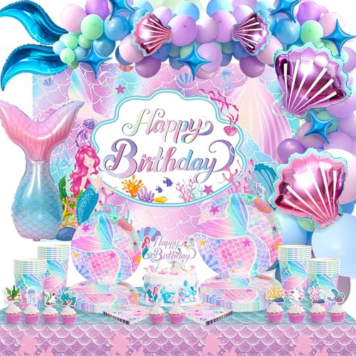 Meerjungfrau Geburtstag Party Dekorationen Meerjungfrau Party Geschirr Teller Serviette Tasse Meerjungfrau Tischdecke Happy Birthday Hintergrund Meerjungfrau Ballon Bogen Kit für Mädchen Baby Shower