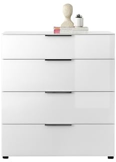 Kommode SANTORIN weiß mit Glasfront, Schrank Korpus in weiß mit Oberboden in Glas und Schubladen für Ihren Wohnbereich - 90 x 99 x 40 cm (B/H/T) | 4 Schubkästen mit Stauraum, Lip-Griffe aus Metall, Oberboden in Glas, Wohnzimmer, Schlafzimmer oder Flur