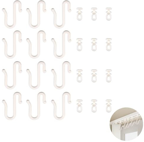 12 Pairs Hook and Glider Pack Flexible Curtain Tracks Set Hooks Curtain Track Glider Hooks Plastic S-Shaped Drapery Hooks with Quiet Plasic Roller Hanging Rail Glider Rollers for Ceiling and Bathroom