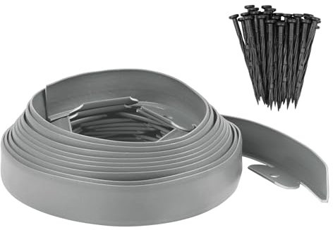M METERXITY Garden Edging - 20 Feet Plastic Landscaping Edging Border with 18 PCS Spikes Apply to Flower Beds/Grass Lawn/Yard (20FT x 1.57IN, Gray)