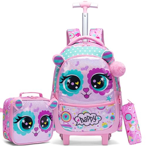 HTgroce 3pcs Zaini a Rotolamento per Ragazze Trolley Studente Primario Bagaglio da Viaggio, Zaino da Scuola Set