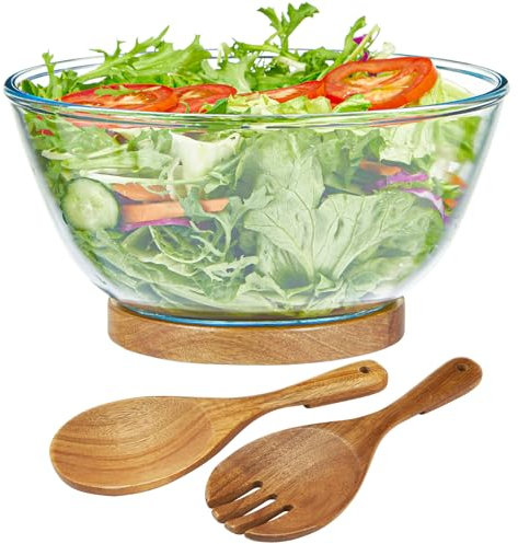 ROSOS Ensaladera grande de cristal, juego de cuencos de ensalada de vidrio con base de madera de acacia y utensilios para servir ensaladas, juego de cuencos grandes para organizar fiestas y artículos