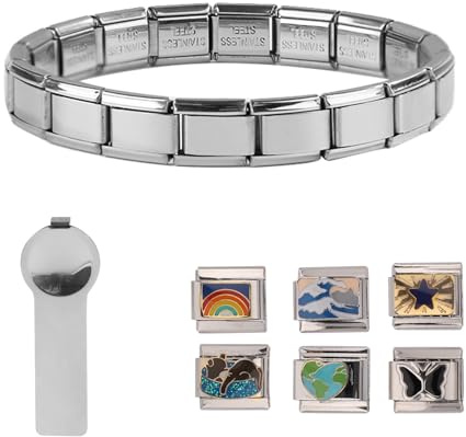 Mikovivi Bracelet à Breloques Italien, Acier Inoxydable Argenté Bracelet Italien avec Outil d'Ouverture et 6 Breloques Détachables Maillons de Bracelet à Breloques Italiens pour Femmes