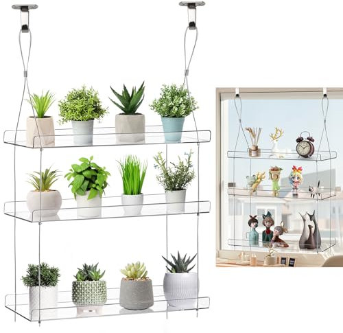 Tlence Estantes transparentes colgantes de 3 niveles, cajas de ventana acrílicas, estante de exhibición de flores, soporte de pared ajustable para plantas, organizador de macetas para suculentas,