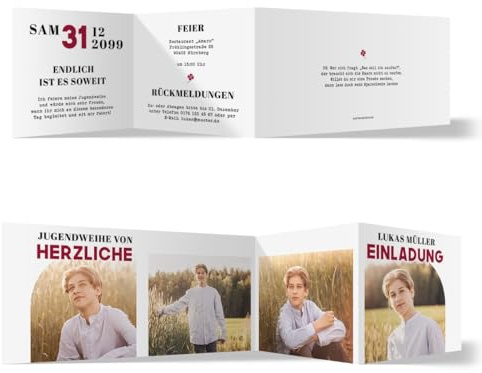Personalisierte Jugendweihe Einladungskarten im modernen Chronos Motiv mit 4 Ihrer Foto und eigenen Texten, Zickzackfalz Klappkarte, 300g/qm Kartonpapier