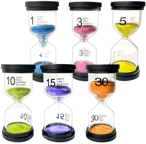 6 Stück Bunter Sanduhren für Kind, Buntes Sanduhren Set 1/3/5/10/15/30 Minuten, Eieruhren Set, Sand Timer, für Kind Schule, Zähneputzen, Kita, Büro