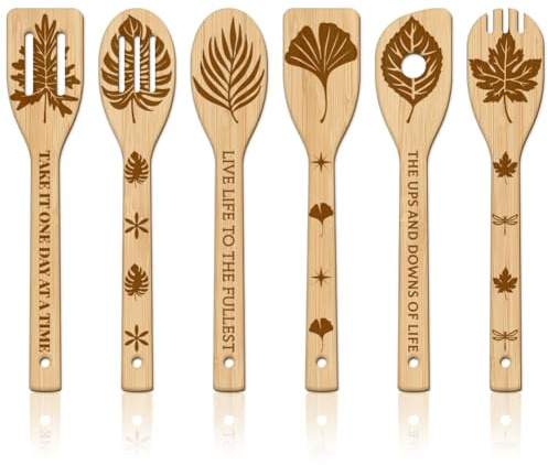 GLOBLELAND 6Pcs Various Leaves Bamboo Cooking Utensils Wooden Engraved Cooking Spoons Set Monstera Ginkgo Maple Leaves Kitchen Bamboo Spatula Set Wood Cooking Spoon for Kitchen Mother Friend Women