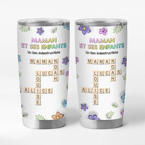 Cadeau Plus Mug Isotherme Personnalisable Prénom - Maman Et Ses Enfants Mots-Croisés - Mug Thermos Personnalisé, Thermos Personnalisable, Tasse A Cafe Isotherme, Thermos Tasse (Modèle #1, 20Oz)