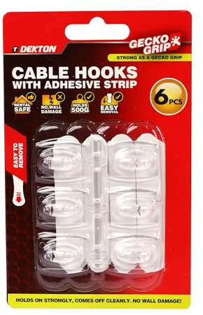 Dekton Geckogrip Clear Cable Hooks 6pc- Self-Adhesive Cable Management Clips| Tidy & Organize Wires| Strong Adhesive for Secure Hold| Ideal for Home, Office, and Workspace| Compact & Discreet White
