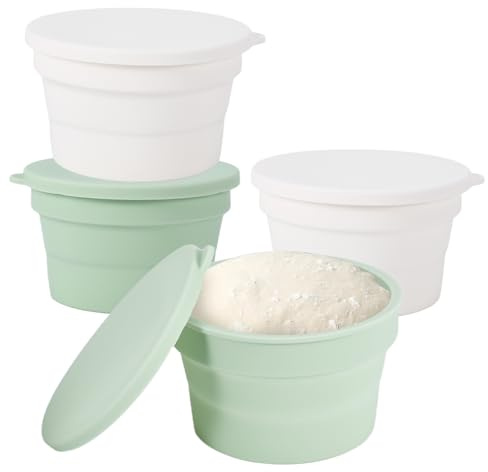 Kinberry Pizzaballåda med lock, set om 4, platsbesparande pizzadeg, silikonpizzaballåda liten, bakning jäskorg, diskmaskinssäker, lufttät, för pizza, surdeg och bröd