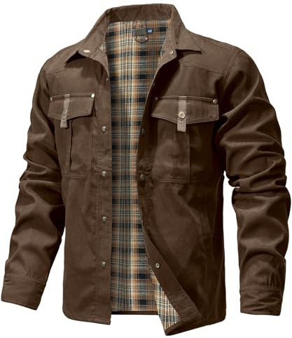 Zaitun Veste à carreaux en flanelle pour homme - Veste demi-saison légère - Col montant - Veste cargo, Jaune/marron, S