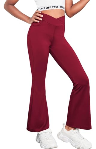 Arshiner Flared Leggings för flickor, utsvängda leggings, utsvängda byxor, barn hög midja, , sportbyxor för yoga, dans, löpning, pläd, sport, utsvängda byxor för flickor 5–14 år, Vinröd, 15-16 år