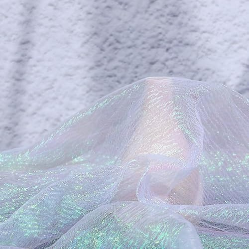 1.4mx1m White Iridescent Organza Fabric, Pleated Organza Lace Fabric, Iridescent Holographic Gauze Material Cloth for DIY Crafts Sewing Decorations