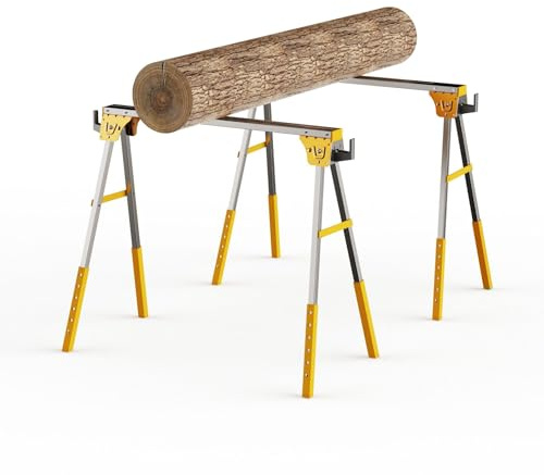 Hanmorfarbi 2pcs Foldable Metal Sawhorse,Workhorse 1200 Kg,2 * 4 Support Arms 6-Stage Height Adjustable (28–35Cm), Industrial A-Shaped Stand for Workshops and Construction Sites (Yellow)