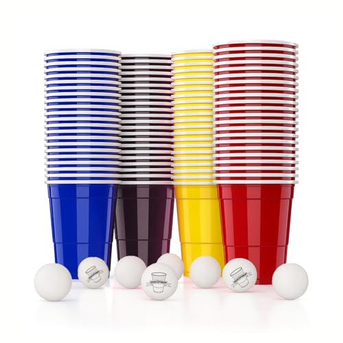 RedCupShop® Beer Pong Becher Set 100 Stück inkl. 16 Bälle | 473ml / 16oz Partybecher in Rot, Blau, Gelb & Schwarz | Wiederverwendbare Plastikbecher für Party, Geburtstag, Camping & BBQ