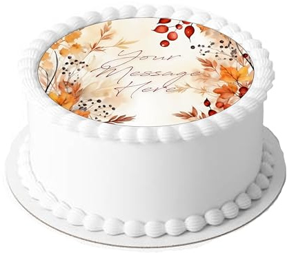 Personalised Message Autumn Berries & Leaves Themed 7.5inch CIRCLE Edible Icing Cake Topper Decoration. Perfect for large cakes