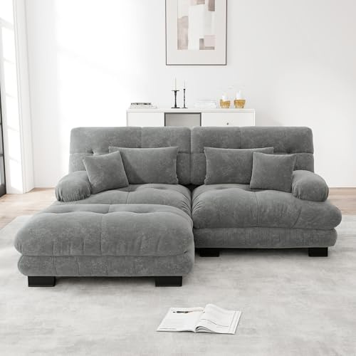Rvjiahe Cloud Divano ad angolo per soggiorno, in ciniglia, doppio divano con 2 cuscini lombari e 2 cuscini decorativi, divano imbottito con braccioli larghi e pouf (grigio+2 posti)