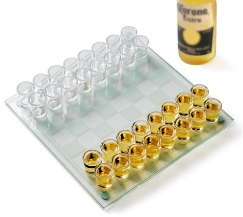 Shot Glass Schachspiel – Trinkspiel mit 32 Schnapsgläsern & Glas-Schachbrett, lustiges Partyspiel für Erwachsene, Geschenkidee für Freunde & Männer