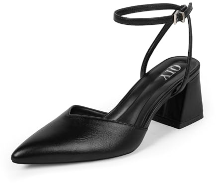 QIY Closed Toe Heels for Women Black Pointed Toe Heels for Women Chunky Block Low Short Heel Ankle Strap Strappy Sling Back Slingback Heel Womens Pumps Dress Wedding Shoes Size 7.5
