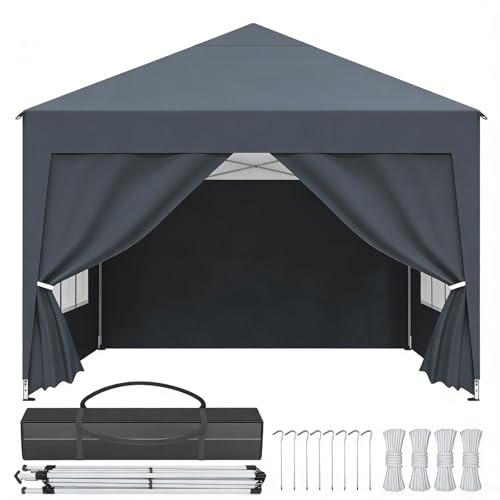 Ferzone Faltpavillon 2.5x2.5M mit 4 Seitenteilen, Pop up Pavillon Wasserdicht Stabil Winterfest, Faltbar Partyzelt UV Schutz 50+ mit Bodenstift&Windseil&Transportkoffer Outdoor, Schwarz-Anthrazit