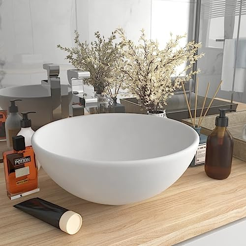 Lavabo sospeso, lavabo da appoggio, di lusso, rotondo, bianco opaco, 32,5 x 14 cm, in ceramica, adatto per bagno, facile da pulire e installare, design moderno