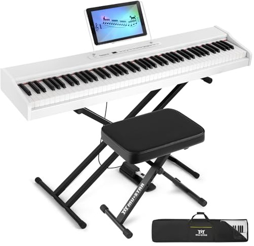 MUSTAR 88 Tasten Digitalpiano für Anfänger, E-Piano Set mit Pianobank, Weiß | Tragbares E-Piano voller Größe, mit Sustain Pedal, Ständer, 20W Stereo-Lautsprecher, USB-MIDI, Tragetasche