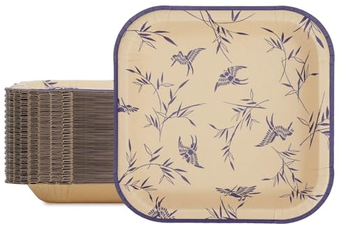Paper Plates 8.5 Inch/22 cm, 30 Pack Disposable Bamboo Pulp Square Plates | with Bird Print, Heavy Duty, Cut-Resistant and Microwave Safe for Parties, BBQs, Picnics and Family Gatherings