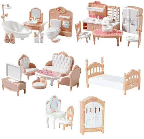32 Pcs 1:12 Scale Miniature Doll House Furniture Set, European Style Micro Home Decor Ornaments with Kitchen, Dining Room, Living Room, Bedroom, Bathroom for Adult DIY Scene Layout and Collection