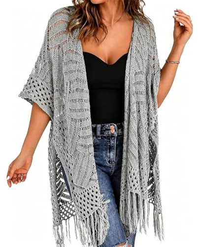 Oversized kofta med öppen framsida, lätt stickat mönster tofsar | Lätt kofta med virkade mönster och tofsar, sommar, bohostil, oversized, 3/4-ärmar, strand och semesterlook