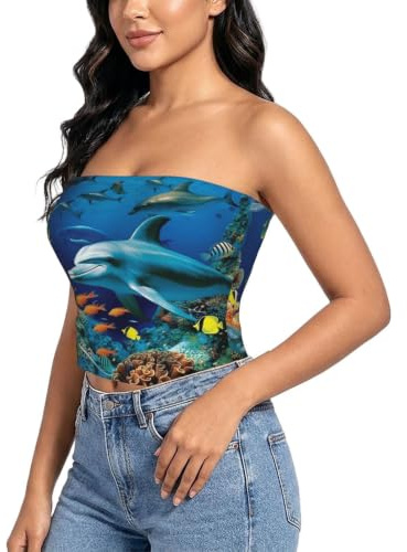 Tropisk fisk delfin korall undervatten dam axelbandslös blus sommar smal axelbandslös strand väst skjorta tub toppar