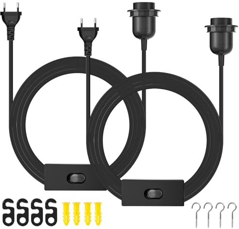 2 Stück E27 Lampenfassung mit 6M Netzkabel Schraubring Schalter Stecker | PLCatis E27 Fassung für Deckenlampen Hängelampen Stehlampen Lampenaufhängung DIY-Projekte - Schwarz