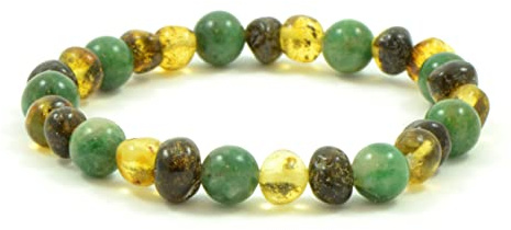 Bracelet en ambre de la Baltique pour adultes mixtes avec pierres semi-précieuses – 17,8 cm (18 cm) – conçu sur bande élastique - 7 inches (18 cm) Green Amber / African Jade