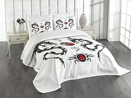 ABAKUHAUS japanische Drachen Tagesdecke Set, Tribal Tattoo Asian, Set mit Kissenbezug farbfester Digitaldruck, für Einzelbetten 170 x 220 cm,Weiß Schwarz Rot