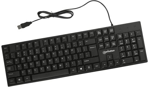 Manhattan Clavier d'ordinateur filaire - Clavier basique noir - avec câble USB-A de 1,4 m, 104 touches, supports pliables - Compatible avec Windows, PC, ordinateur portable - 179324