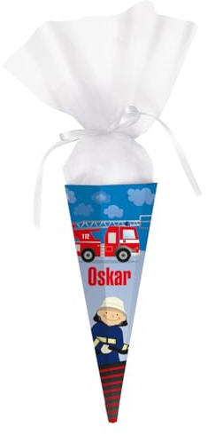 Striefchen® brandheiße Feuerwehr Zuckertüte mit Namen des Kindes - toll für kleine Feuerwehrleute die in die Schule kommen 28 cm