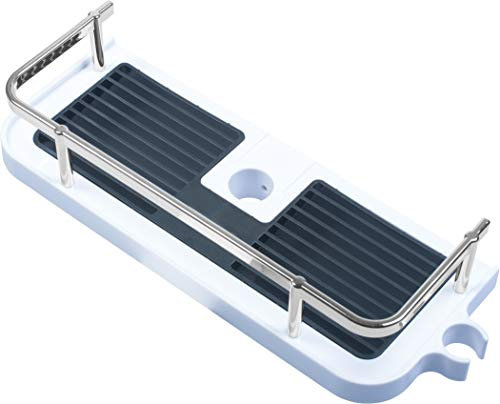 Werkzeyt Duschablage - 323 x 120 mm Ablagefläche - mit schützender Umrandung & Abtropfgitter - Integrierte Handbrausen-Halterung - aus ABS-Kunststoff - weiß & verchromt / Badablage / ZYT330596